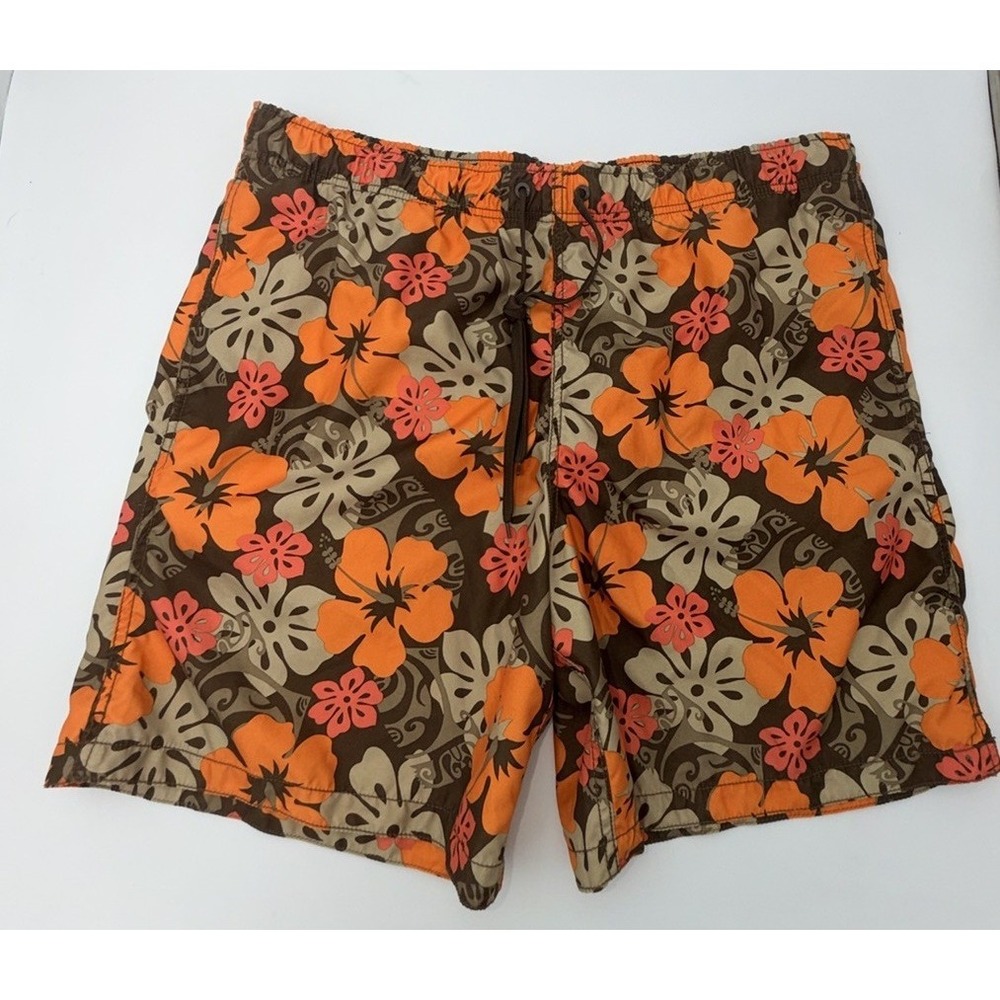 Merona Men's Swim Trunks Large Brown Orange Floral Hawaiian Hibiscus Shorts
